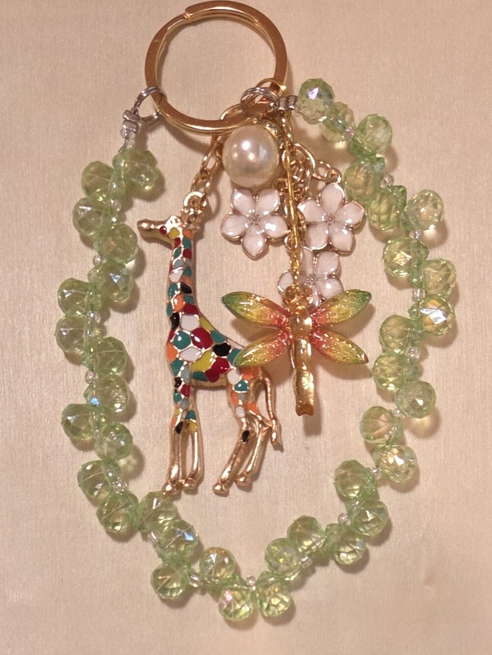Whimsical Enameled Giraffe Dragonfly Bag Charm Keychain Green Beaded Wristlet - Picture 7 of 16